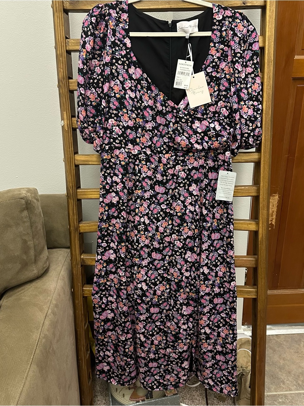 Charles Henry Black Midi Dress with Pink Floral Print
